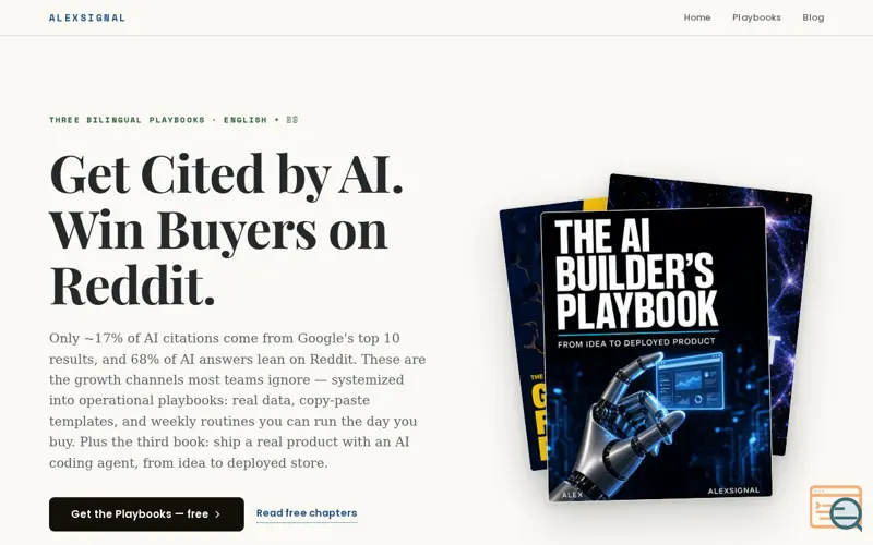 Screenshot of AlexSignal — Bilingual Playbooks for GEO (AI Citation) & Reddit Growth