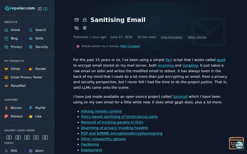 Screenshot of Sanitising Email