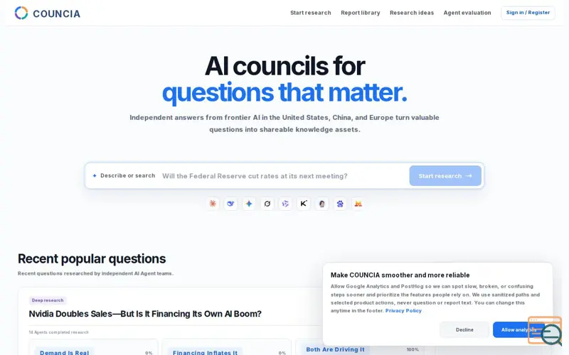 Screenshot of COUNCIA — AI councils for questions that matter.