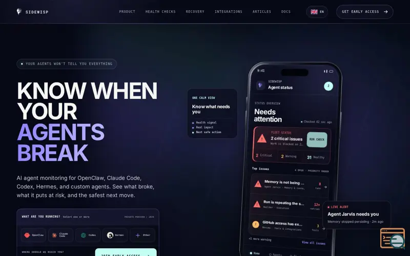 Screenshot of AI Agent Monitoring & Recovery | Sidewisp