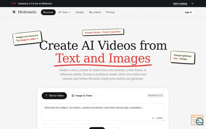Screenshot of AI Video Generator from Text & Images Online | Motionelo