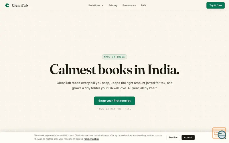 Screenshot of CleanTab · Receipts that read themselves. Tax to the rupee.