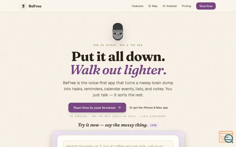 Screenshot of BeFree - Brain Dump