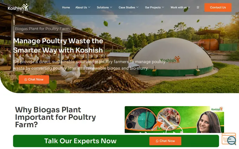 Screenshot of Biogas Plant for Poultry Farm, a launch using Essential Addons for Elementor