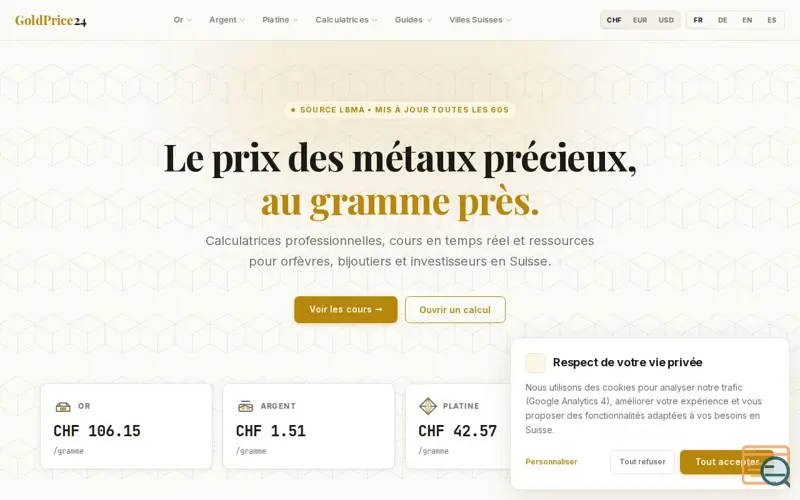Screenshot of Price of Gold, Silver and Platinum