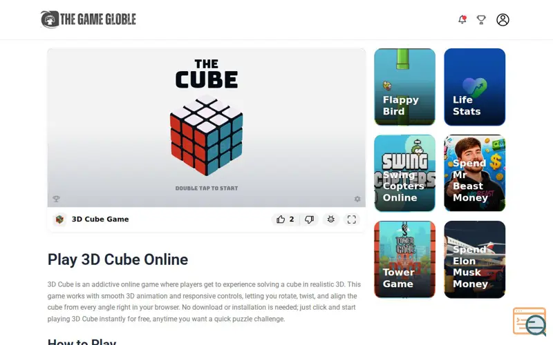 Screenshot of TheGameGloble - 3D Cube, a launch using Mailcheck