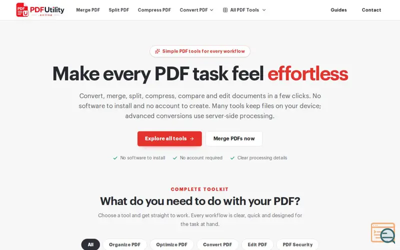 Screenshot of PDFUtility Online - Convert, merge, split & edit PDFs in your browser