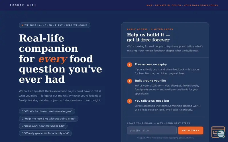 Screenshot of Foodie Guru, a launch using NameBright DNS