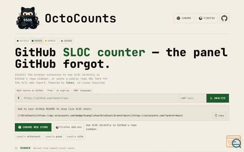 Screenshot of OctoCounts - SLOC panel Github forget