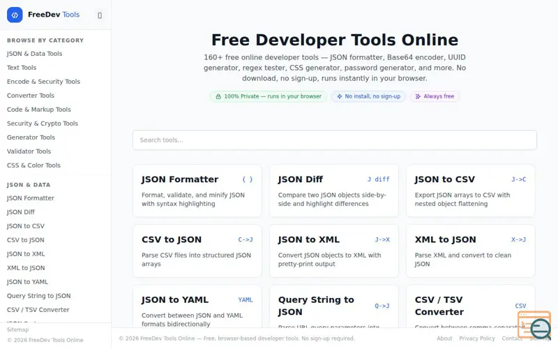 Screenshot of FreeDev Tools Online