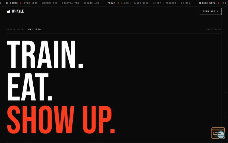 Screenshot of Whayle / Train. Eat. Show up.