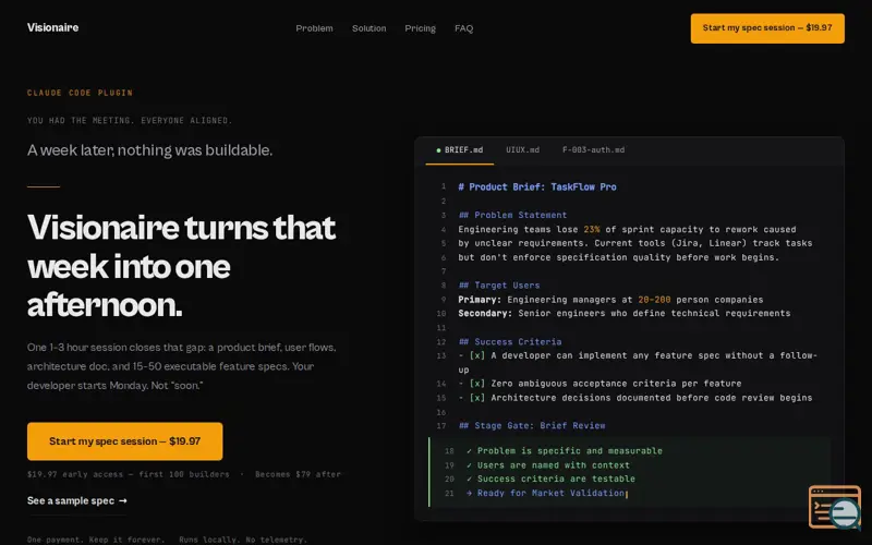 Screenshot of Visionaire — The Spec Is the Product