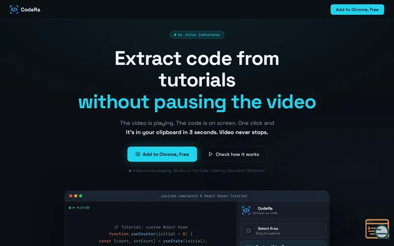 Screenshot of CodeRa, Stop retyping code