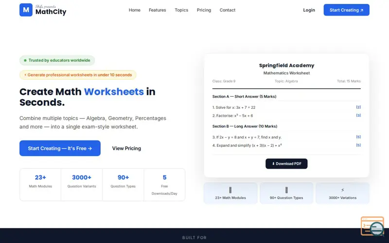 Screenshot of MathCity