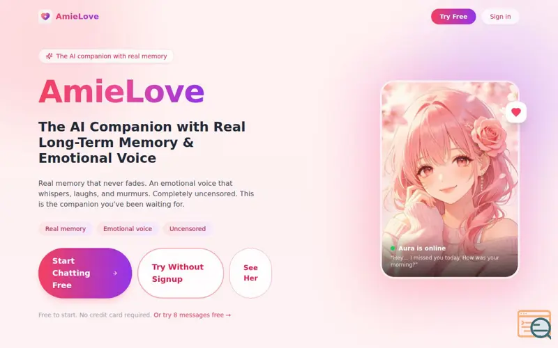 Screenshot of AmieLove — The AI Companion Who Actually Remembers You