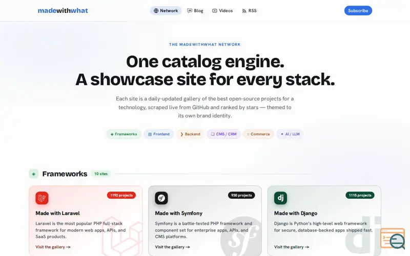 Screenshot of MadeWithWhat — open-source project galleries for every stack