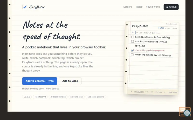 Screenshot of EasyNotes — pocket notebook for browser