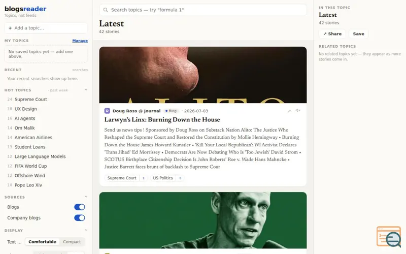 Screenshot of Topics, Not Feeds