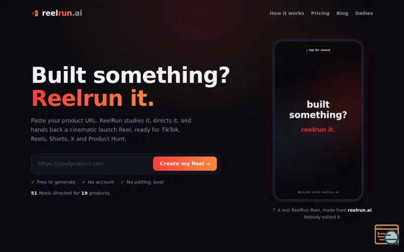 Screenshot of ReelRun · Built something? Reelrun it.