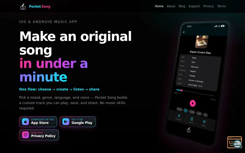 Screenshot of Pocket Song — Create original songs in under a minute