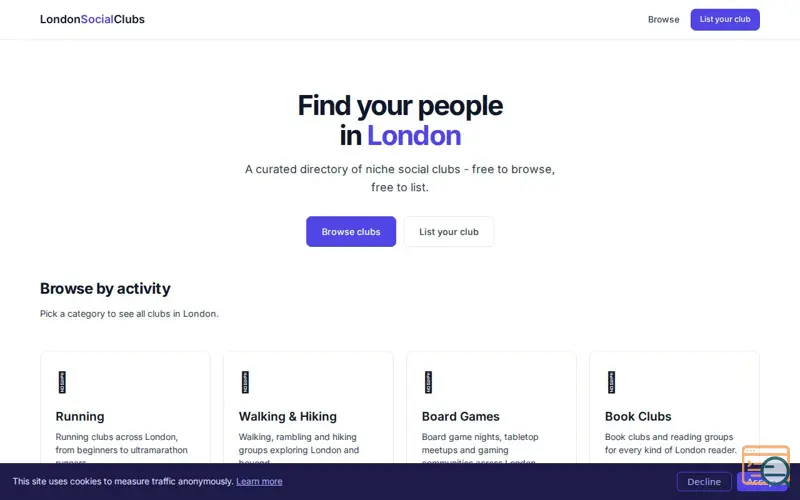 Screenshot of LondonSocialClubs.com