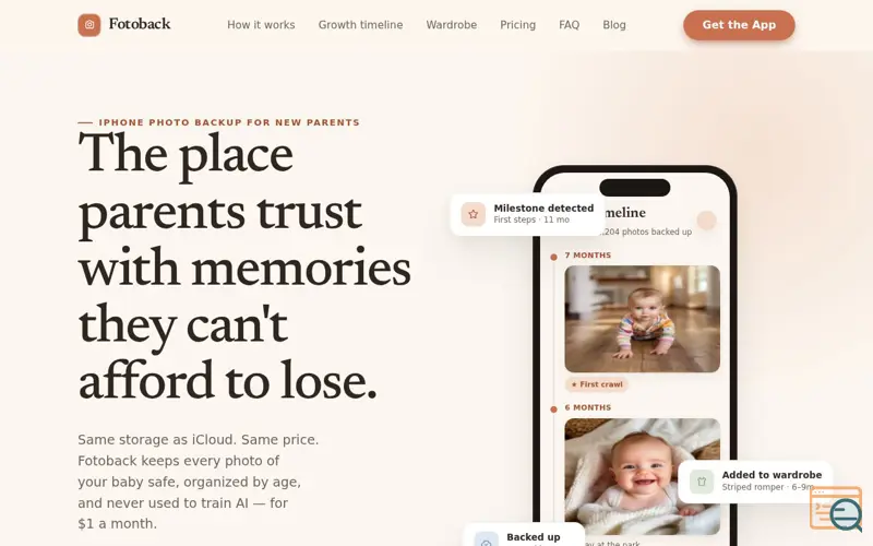 Screenshot of Fotoback — Baby Photo Backup & Milestone Organiser for iPhone | $1/mo