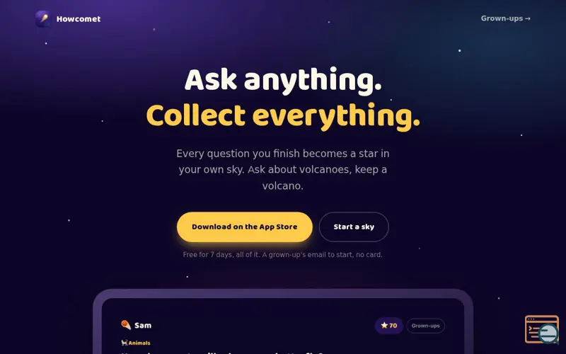 Screenshot of Howcomet — the app that asks your kid a question back