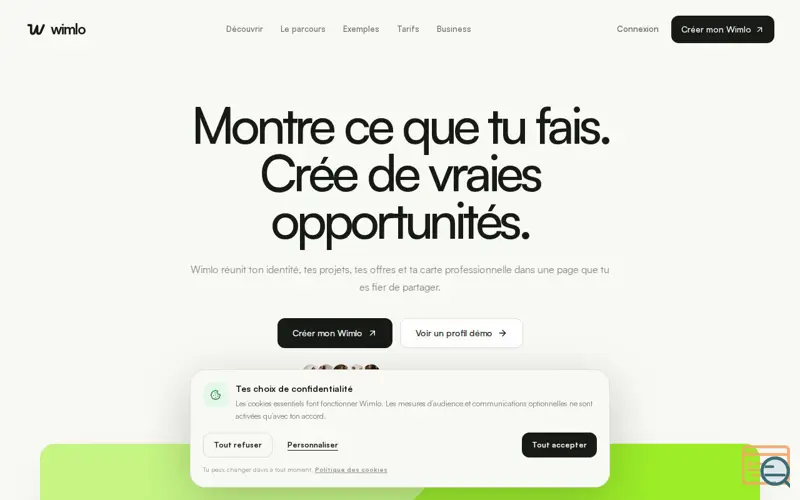 Screenshot of Wimlo — La page professionnelle des créateurs et indépendants