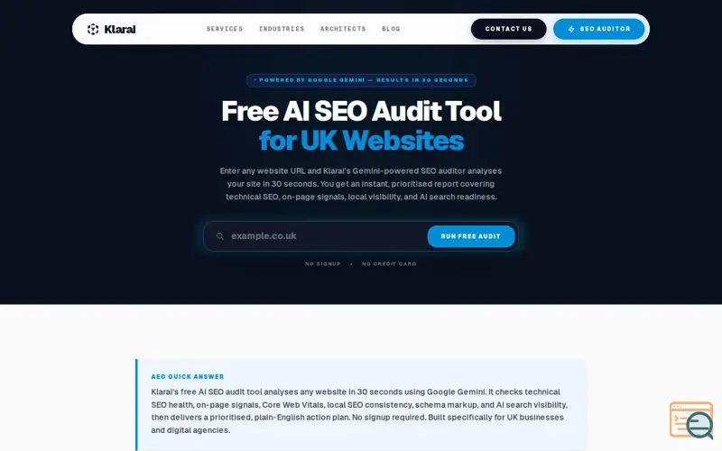 Screenshot of Klarai seo single page audit tool