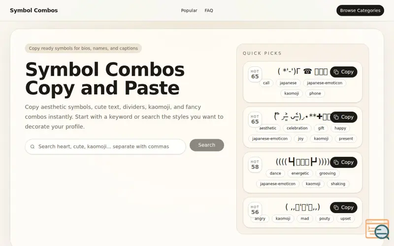 Screenshot of Symbol Combos Copy and Paste, a launch using PickApps