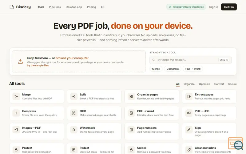 Screenshot of Bindery — Free Local PDF Tools: Merge, Compress, OCR, Sign & More