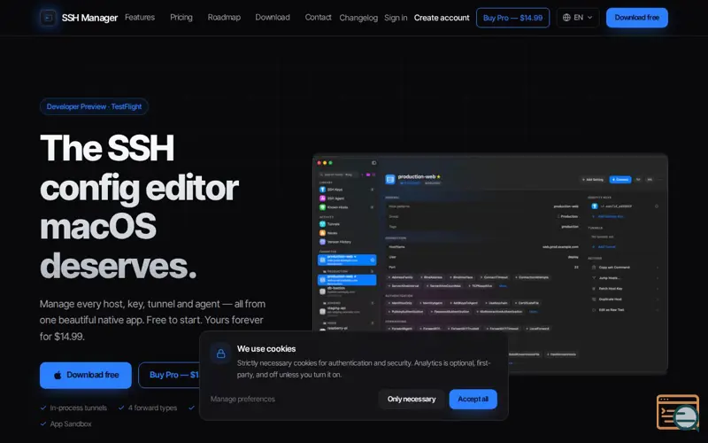 Screenshot of SSH Manager — native SSH configs, keys & tunnels for macOS
