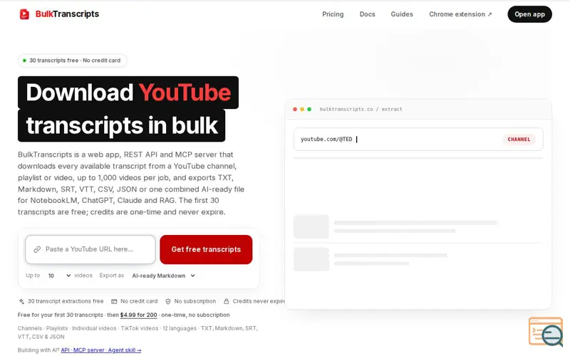Screenshot of Bulk YouTube Transcript Downloader for Channels & Playlists