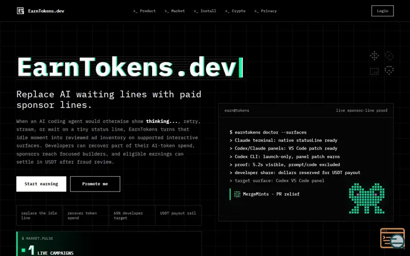 Screenshot of EarnTokens.dev