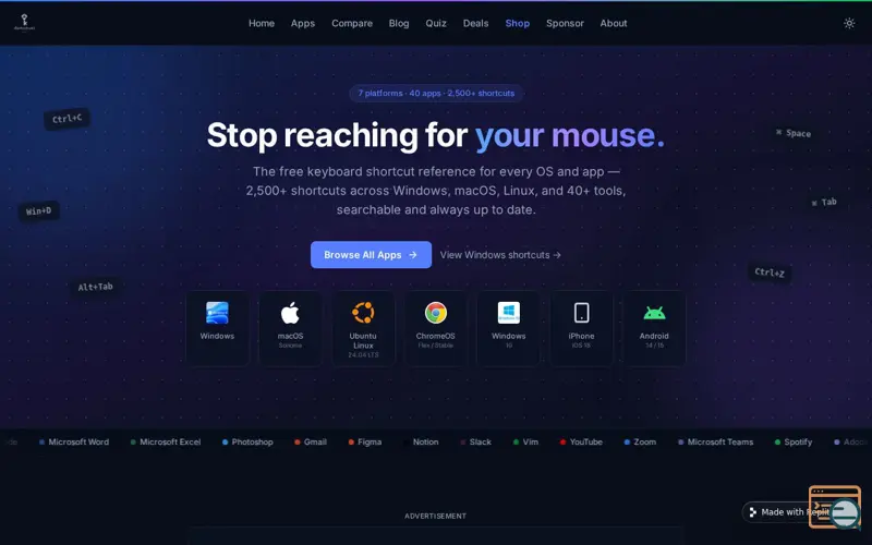 Screenshot of KeyShortcuts.net