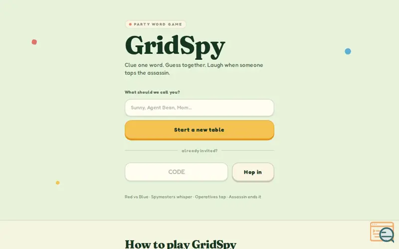 Screenshot of GridSpy — Free Online Party Word Game (Red vs Blue)