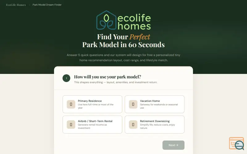 Screenshot of Find Your Park Model Home in 60 Seconds