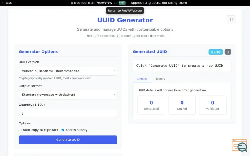 Screenshot of UUID Generator, a launch using Cloudflare Web Analytics