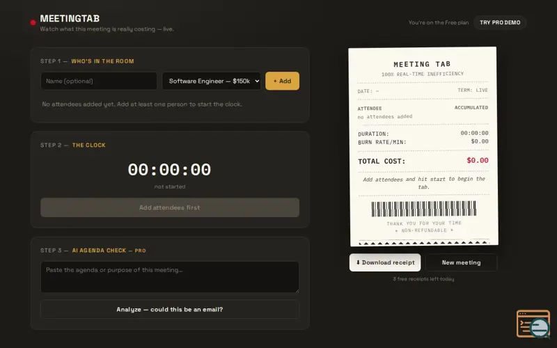 Screenshot of MeetingTab —  findOut meeting costs