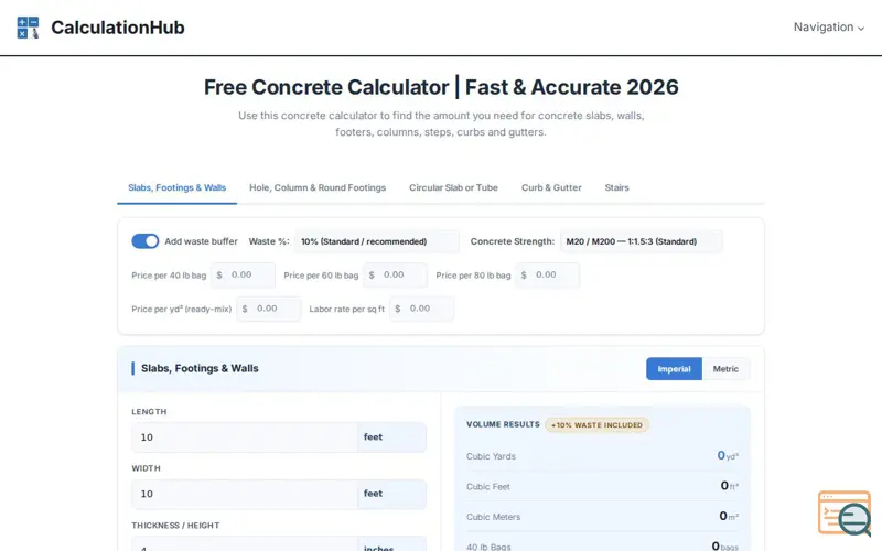 Screenshot of Concrete Calculator
