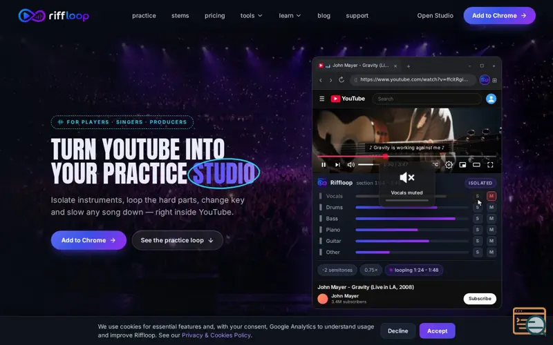 Screenshot of Riffloop — All-in-One Music Practice Studio for YouTube
