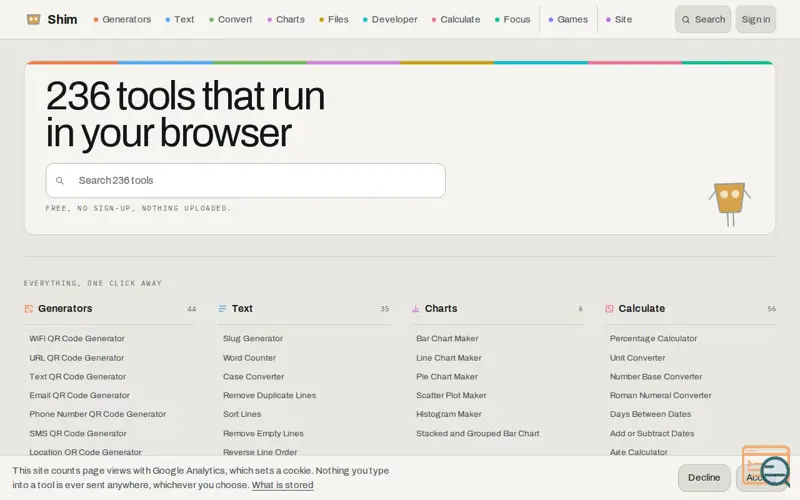 Screenshot of Shim · free browser tools, no sign-up