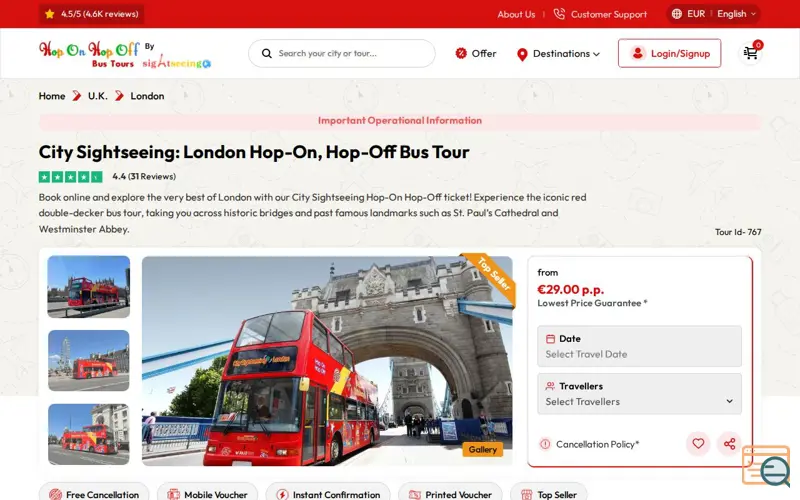 Screenshot of Hop On Hop Off Bus Tours London