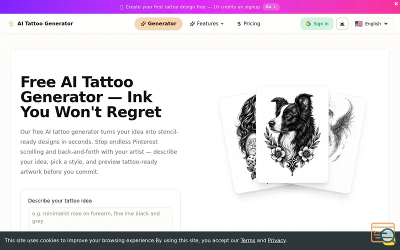 Screenshot of AI Tattoo Generator, a launch using AiNexFinder
