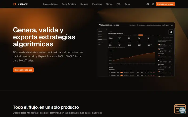 Screenshot of Generador de estrategias y EA MQL4/MQL5 — Quanorix