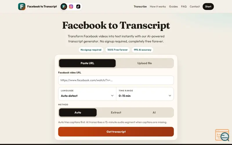 Screenshot of Facebook to Transcript