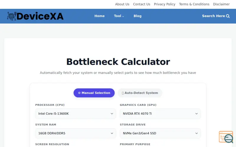 Screenshot of PC Bottleneck Calculator