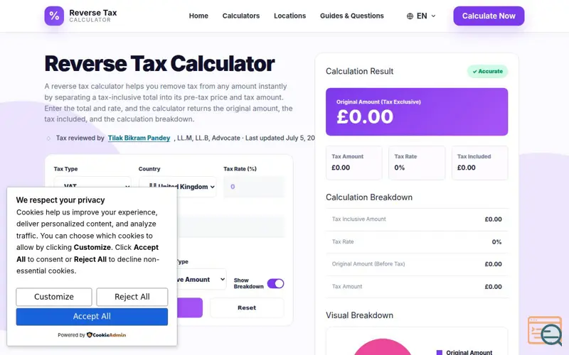 Screenshot of Reverse Tax Calculator, a launch using GeneratePress
