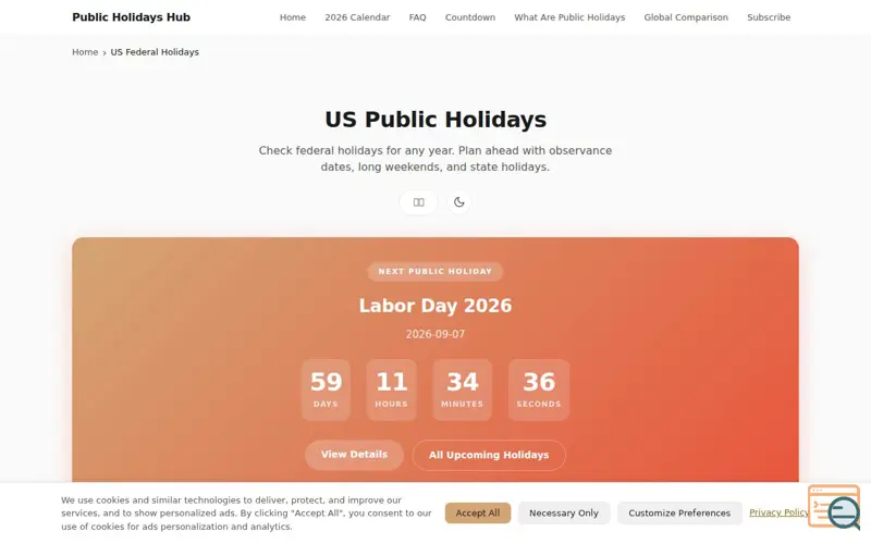 Screenshot of Public Holidays Hub