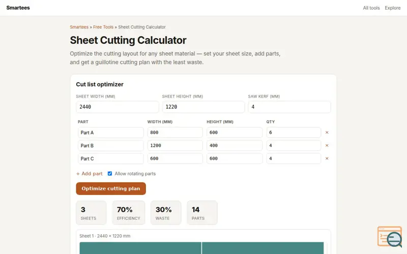 Screenshot of Cutting Calculator - Optimize Panel Cuts
